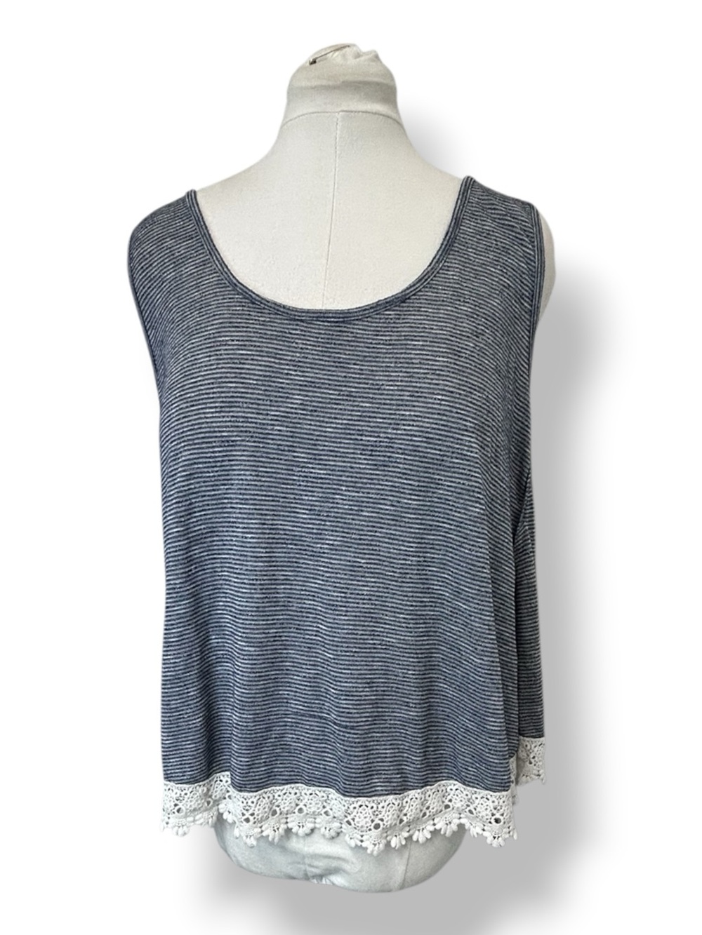 Women’s Sleep/Lounge Boho Pajama Tank Top Crochet Hem Navy/White Pinstripe 1X